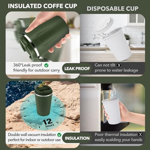 Volhoply 360ml 12oz Double Wall Insulated Vacuum Travel Coffee Mug with Flip Lid,Reusable Stainless Steel Leak Proof Coffee Cup,Cafe Thermal Tumbler Suitable for Hot&Cold Drinks(Army Green,1 Set) — view 3