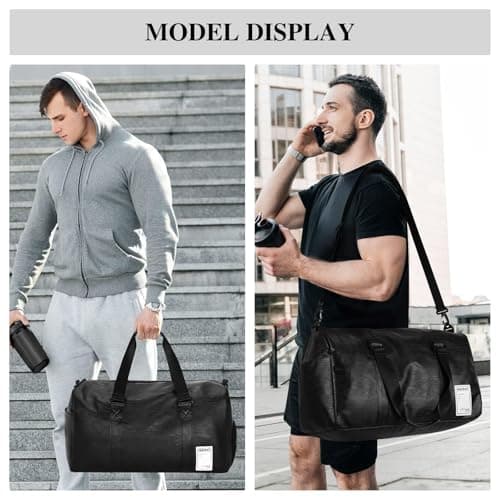 UBAYMAX Mens Black Leather Sports Duffle Gym Bag with Shoes Compartment and Wet Pocket, 37L Waterproof PU Leather Weekend Travel Overnight Bag for Men Holdall Bag Carry on for Basketball Swim Dance — view 6