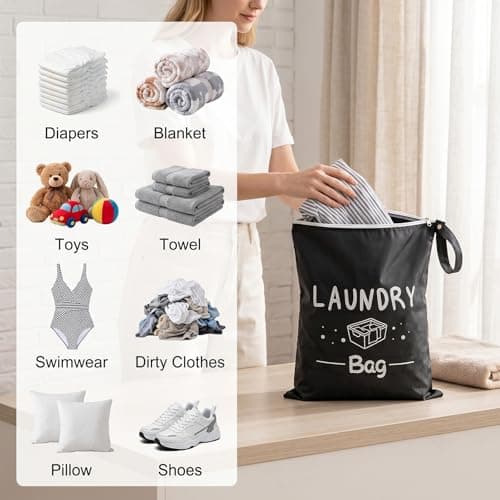 Hounyou 4Pcs Travel Waterproof Laundry Bag, Travel Laundry Bags for Dirty Clothes, Lightweight Small, with Handle & Zipper, for Swimming Home Holiday Camping (Pink, Black) — view 4