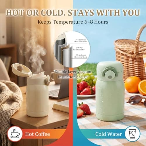 2PCS Small Insulated Water Bottle 200ml Mini Flask with Push-Button Lid, Leakproof Stainless Steel Vacuum Travel Cup for Coffee, Milk, School, Office & Handbag (Light Green/Beige) — view 3