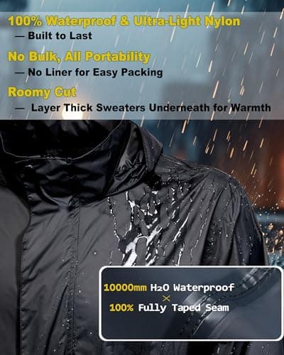 LZLER Mens Waterproof Jackets Lightweight Packable Windproof Rain Jacket Adjustable Hooded Raincoat for Outdoor Hiking Fishing Camping(Black,L) — view 3