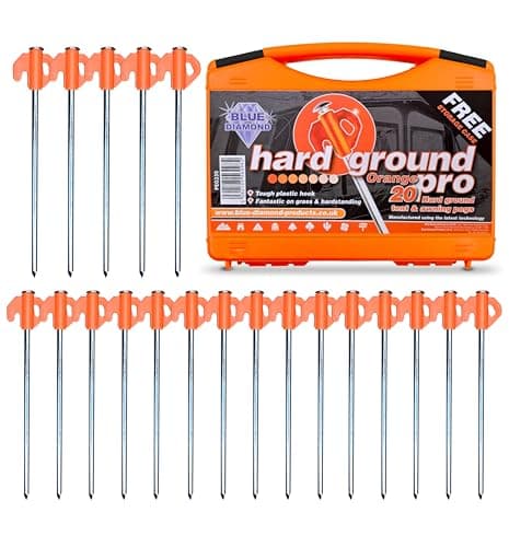 Blue Diamond Heavy Duty Tent Pegs - 20 Pack Hard Ground Tent Pegs, Camping Pegs for Awnings, Gazebos, Outdoor Use - Galvanized Steel (Carry Case)