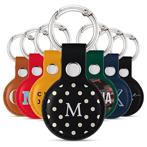 Tirita Personalised Case Keyring Holder Compatible with Apple AirTag 1 & 2 - Leather Case with Key Ring for Apple Air Tag [23- Polka Dots Name on Black]