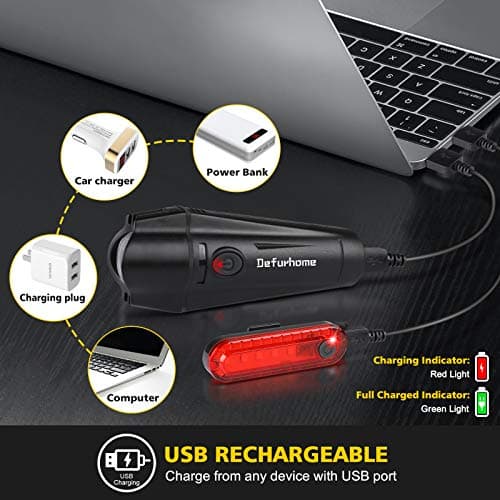 Defurhome Super Bright Bike Light Set, Powerful LED USB Rechargeable Front Headlight and Back Taillight, 2000mah Lithium Battery, Waterproof, 4 Lighting Modes Mountain Road Bicycle Lights — view 5