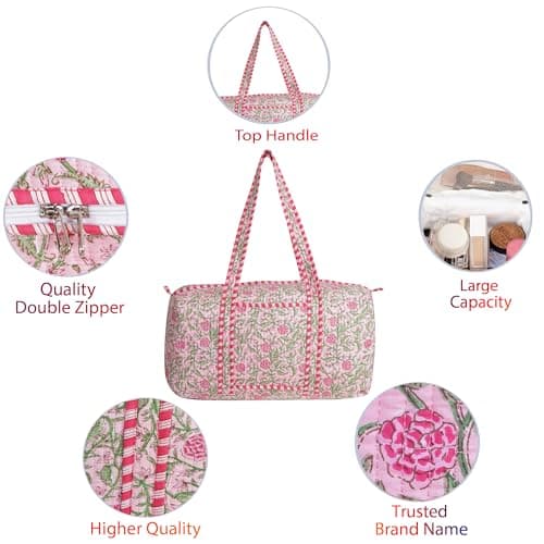 LKGSM Handmade Cotton Quilted Weekender Bag, Floral Indian Print Duffle, Bohemian Overnight Travel Tote for Women, Large Carry-on Luggage, Floral Gym Bag, D, 20x10x10 inches, New Design — view 5