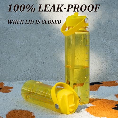 GOPPUS 600ml/20oz Clear Water Bottle with Straw, Tritan Leakproof Sports Drinking Bottle, BPA Free Wide Mouth Gym Bottle with Handle and Measurement Marks for School, Gym, Travel (Yellow) — view 5