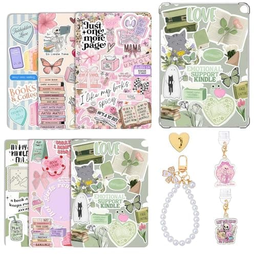 VelvetGlow 6pcs Inserts for E-Reader Clear Case, 2pcs Dust Plug Charms Set, Retro Phone Charm Accessories, Cardstock Inserts for Kindle Paperwhite 11th-12th generation, Gift for Book Lovers (Style E)