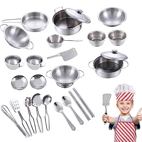 25Pcs Pretend Kitchen Cookware Set Stainless Steel Kids Pots and Pans Playset With Cooking Utensils - Mini Play Kitchen Accessories for Toddlers - Christmas New Year Holiday Birthday Gifts
