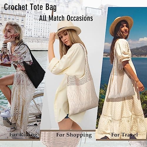 SUOSDEY Crochet Mesh Beach Tote Bag, Summer Vacation Aesthetic Knit Boho Shoulder Bag for Women light beige — view 5