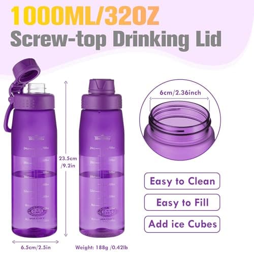 GOPPUS 1L/32oz Clear Tritan Water Bottle with Screw Lid, Drinks Bottle with Wide Mouth, Fruit Infuser, Leakproof, BPA Free, Carry Handle, Measurement Markings, Dust Cap (Purple) — view 2