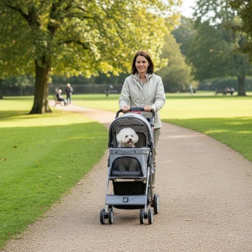 KCT Hooded Foldable Pet Dog Cat Stroller Grey- 4 Wheel Travel Carriage with Safety Leash,Canopy, Cup Holder, Storage Tray — view 2