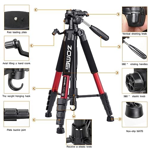 ZOMEI 188cm/74inch Aluminum Extra-high Lightweight Travel Camera Tripod Red — view 5
