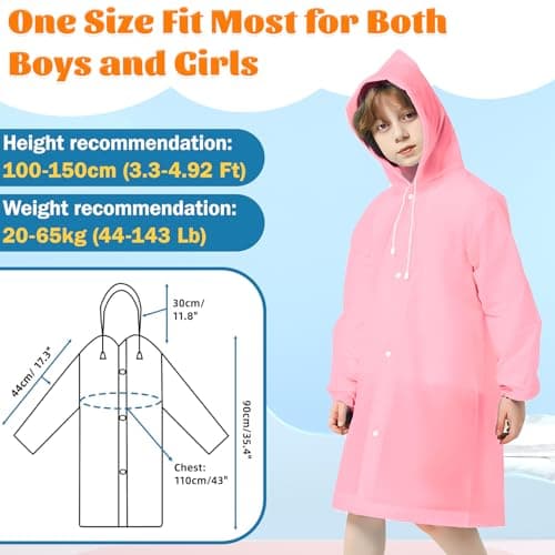 WOHSEROM 2 Pack Rain Ponchos for Kids Reusable,Thickened EVA Travel Raincoat Jacket with Hoods and Sleeves,Lightweight Light Pink Capes Ponchos for Boys and Girls Outdoor Camping Travel — view 2