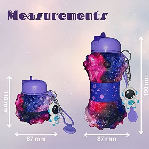 CARESWAY Kids Water Bottle with Keyring – 500ml Girls & Boys Kids Drinks Bottle - Foldable Collapsible BPA Free Childrens Water Bottle - Poppet Fidget Kids Water Bottles for School (Galaxy) — view 3