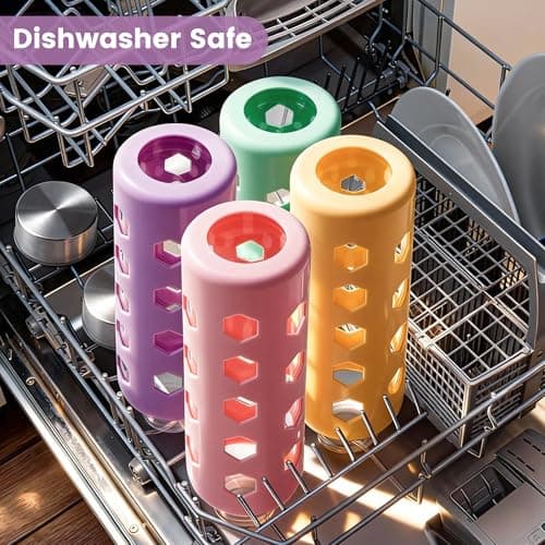 Mrsdry Glass Water Bottles with Lids and Silicone Sleeves 550ml, 4-Pack Reusable Clear Glass Juice Bottles with Stainless Steel Airtight Cap, BPA Free Leak-Proof Drinking Bottles for Hot Cold Drinks — view 5