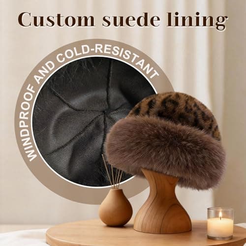 Faux Fur Bucket Hat for Women, Russian Style Winter Fluffy Fuzzy Ladies Hats Travel Hiking Work Home, Chapeau Fourrure Femme Winter Fashion Gift (Leopard) — view 6