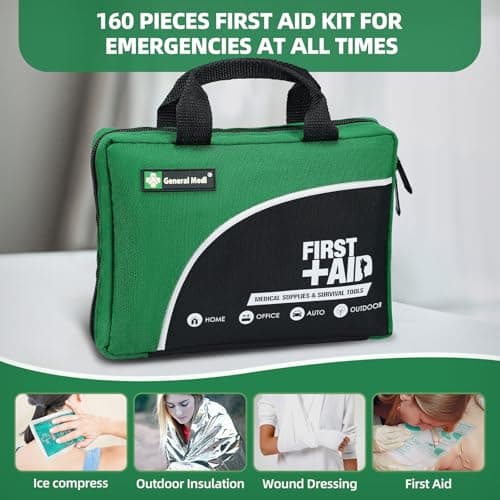 General Medi 160 Piece Compact First Aid Kit Bag - Including Cold (Ice) Pack, Emergency Blanket, Moleskin Pad,Perfect for Travel, Home, Office, Car, Camping, Workplace (Green) — view 4