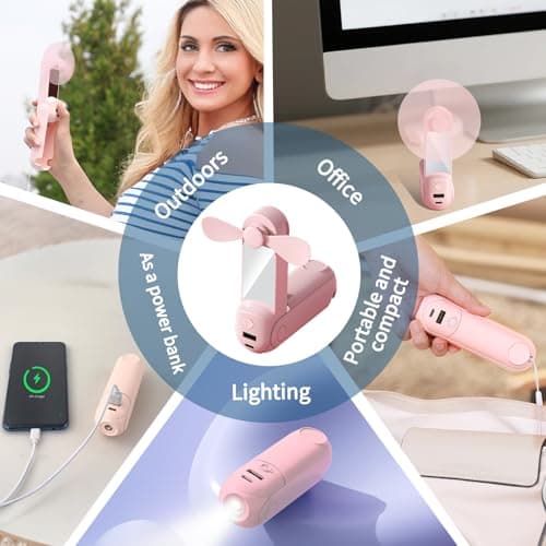 CNMTCCO Handheld Fan,5 In 1 Mini Portable Fan USB Rechargeable [13-20Working Hours]with Hanging Rope,Powerbank,Flashlight,Mirror and Mobile Phone Holder for Travel,Summer,Outdoor,Gifts for Women(Pink) — view 5