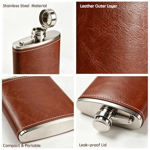 Stainless Steel Hip Flask, 8 oz Flask Alcohol Leak-Proof Portable Pocket Whisky Flasks with Brown Leather Surface for Men & Women Camping, Climbing, Travel and Gifting — view 4