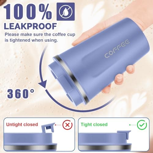 MOMSIV Coffee Cup, 380ml Vacuum Reusable Leakproof Double Wall Coffee Cup, Insulation Stainless Steel Eco-Friendly Travel Office Mug for Hot Coffee Tea and Cold Drinks, Purple — view 4