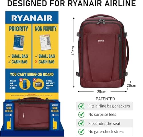 ECOHUB Ryanair Cabin Bag 40x20x25 Underseat Travel Bag 9 Pockets Hand Luggage Backpack Recycled PET Eco Friendly Rucksack for Women & Men Carry on Bag with USB Port, 20L, RED — view 2