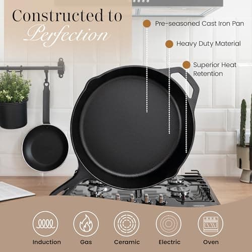 nuovva 2pcs Cast Iron Skillet Set – Pre Seasoned Skillet Frying Pan – Oven Safe Grill Cookware Set for Outdoor & Indoor Use – (Chef Set 10-inch 25cm and 12-inch 30cm) — view 3
