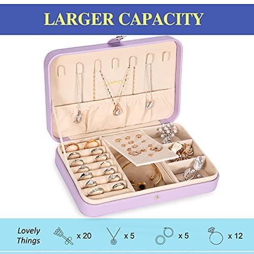LANDICI Jewellery Box Small Jewellery Organiser for Women Girls, PU Leather Travel Jewellery Storage Case, Portable Jewellery Holder for Ring Earrings Necklace Bracelet, Jewellery Gift Box,Lavender — view 4
