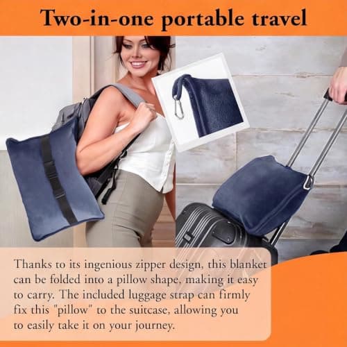 Eulihent Travel Blanket and Pillow 2 in 1 Airplane Blanket Ultralight Compact Foldable Soft Flannel Blanket with Luggage Belt and Backpack Clip for Long Flights, Camping, Car, Business Trips (Blue) — view 4