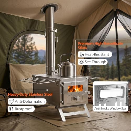 COSTWAY Hot Tent Stove, Camping Tent Stove (Silver, 45 x 37 x 219cm) — view 2