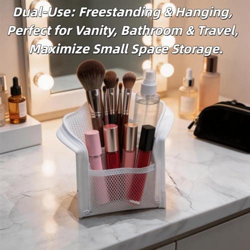 Standing Toiletry Bag,Stand-Up Makeup Brush,Portable Lightweight Travel Toothbrush Storage,Waterproof Pouch Stand Up Organizers with Toothbrush Holder,for Pen Hotel Vacation Holiday Road Trip (White) — view 4
