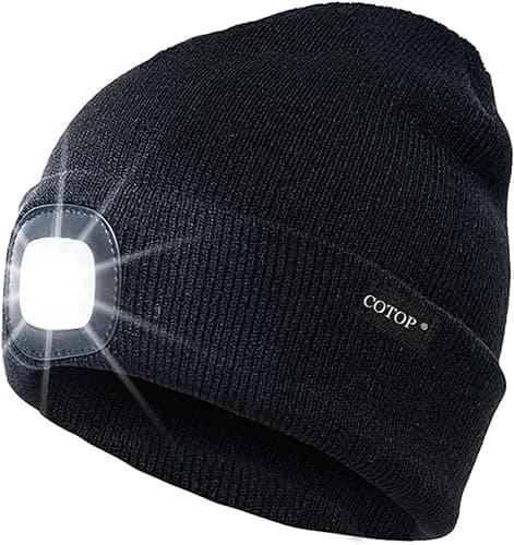 COTOP Unisex LED Headlamp Beanie Cap Men's Women Gift Winter Warm Beanie Hat Hands Free Lighted Beanie Cap for Dog Walking Night, Running, Camping,Hiking Black
