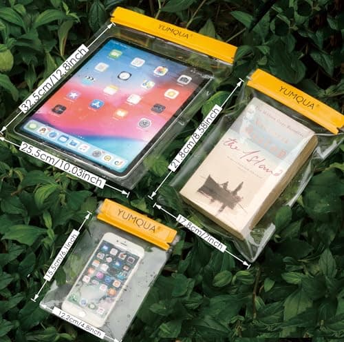 YUMQUA Clear Waterproof Bags 5 Pack Set, Watertight Pouch Holder for Document Map Camera Mobile Phone Tablet, fits Kayaking Boating Hiking Beach Water Sports, Yellow — view 2