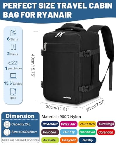 MOCOCITO Ryanair Cabin bags 40x30x20 Travel Backpack Expandable 40x30x20 to 40x30x25, 24L to 30L Carry On Weekend Trips & Air Tryanair Under Seat Suitable for Ryanair, Wizz Air, Easyjet, Vueling — view 2