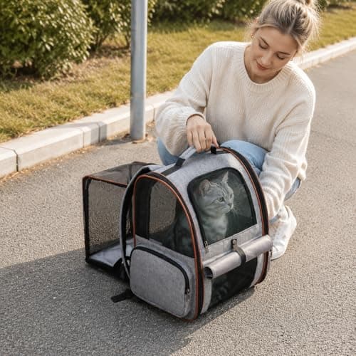 Expandable cat backpack, breathable mesh pet backpack, suitable for small dogs and medium-sized cats, large-capacity foldable pet travel bag, maximum weight capacity 25 lbs, gray. — view 3