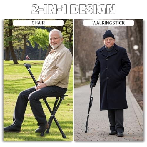 Walking Stick with Light & Seat- Adjustable Folding Walking Sticks for Women and Men - Lightweight Portable Collapsible Balancing Walking Aid - Travel Walking Cane for Ladies Elderly Adults (Black) — view 4