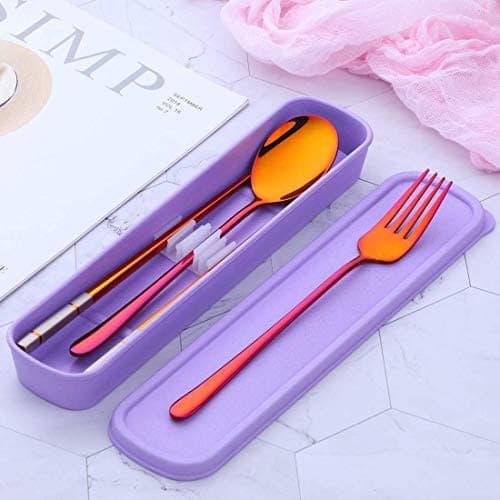 SBOMHS Stainless Steel Portable Travel 3-Piece Cutlery Set with Case Fork Spoon Chopsticks for 1 Camping Flatware for School Picnic Utensils Brown Red — view 4