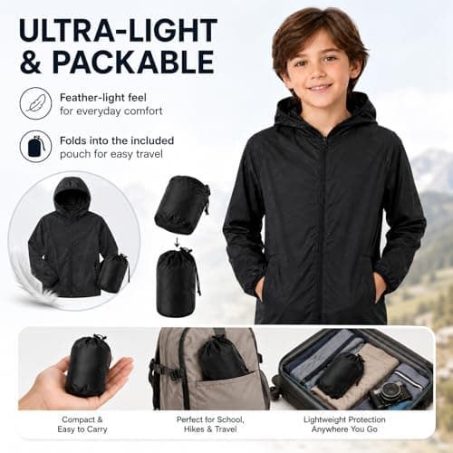 Kids Waterproof Jacket – Lightweight Packable Raincoat for Boys & Girls, UPF 50+ Sun Protection with Carry Pouch – Ideal for Hiking, Camping & School (UK, Age, 6 Years, 7 Years, Regular, Black) — view 4