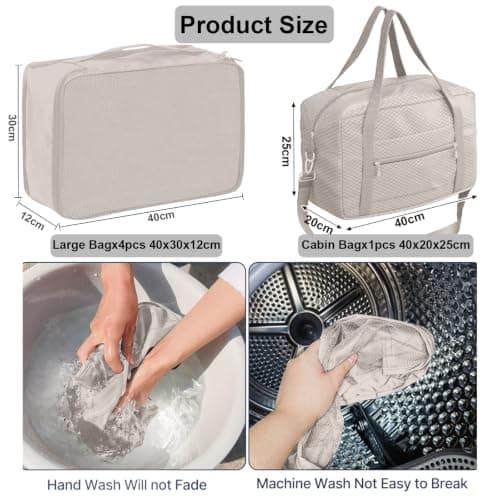Large Packing Cubes 5 PCS, 40x30x12CM Suitcase Organiser Bags With Foldable 40x20x25 Carry On Travel Bag, Mesh Packing Cubes For Suitcases Travel Storage Set (Greige, 5 x L) — view 2