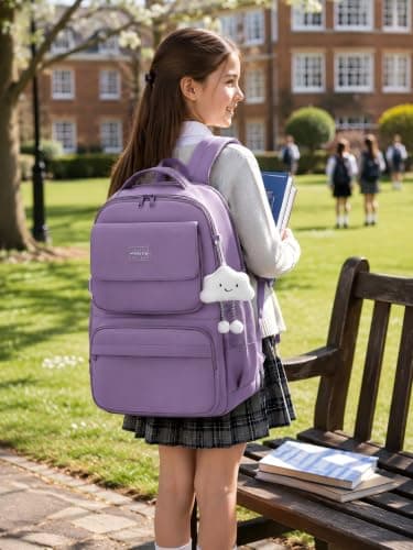 FIORETTO 25L School Bag for Girls & Teens, Womens Backpack Rucksack with Organized Pockets, Trolley Strap & Chest Buckle, Fits 15.6" Laptop, Ideal for School, Travel & Daily Use Purple — view 2