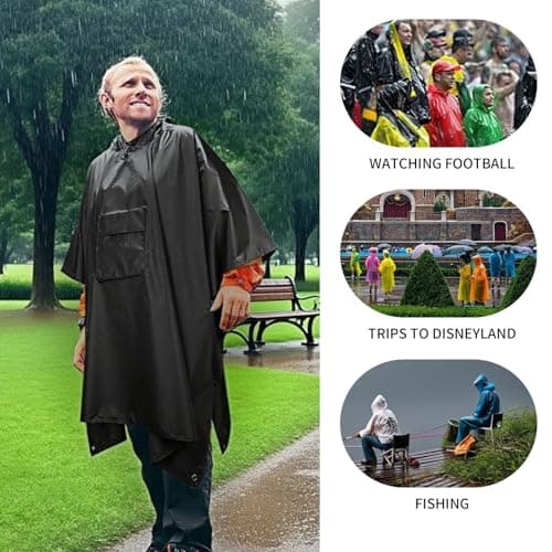 Houbobo Hooded Rain Poncho for Adults with Pocket, Waterproof Lightweight Raincoat Jacket for Men Women, Perfect for Outdoor Hiking Camping Emergency (Black) — view 6
