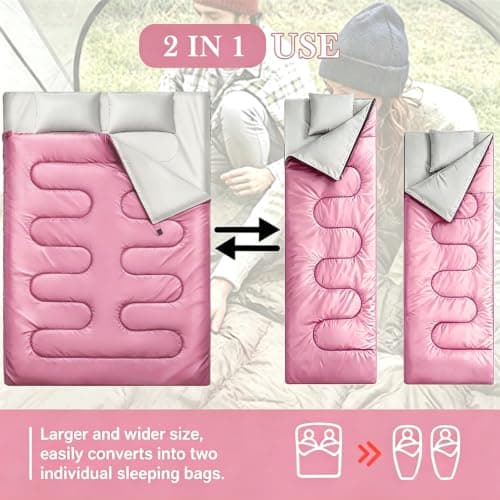 Double Sleeping Bag with 2 Pillows, Large Sleeping Bags for Adults and Kids — view 3