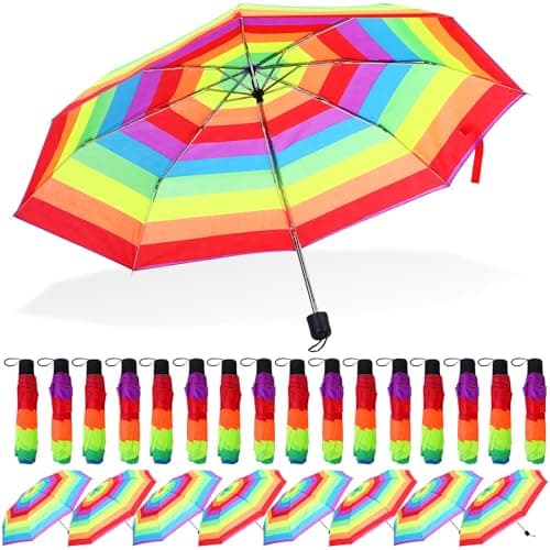 Cunno 12 Pc Rainbow Umbrella Portable Tri Folded Pride Umbrella Windproof Compact Rain Parasol for Travel Beach Wedding Party (Vibrant)
