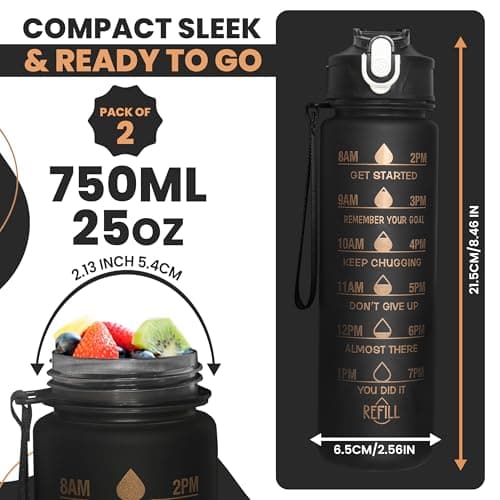 AQUA HOMIE Pack of 2 Water Bottle with Straw 750ml – Leakproof BPA Free Sports Water Bottle for Gym, School & Travel – Motivational Drinking Bottle with Time Markings for Kids & Adults (Black, 750ml) — view 5
