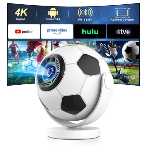 Mini Projector, Portable Projector with WiFi 6 Bluetooth 5.4,180° Rotatable,Built-in Apps,Short Throw Projectors 4K&8K Support,Auto Keystone,Football-Shaped Movie Projector for Bedroom-Black&White