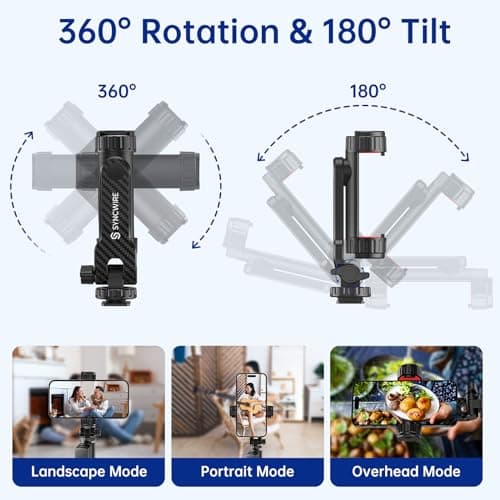 SYNCWIRE Tripod Phone Mount, Universal Smartphone Mount Adapter with 2 Cold Shoe and 1/4" Screw, 360° Rotates and 180° Tilts Adjustable Cell Phone Clamp Holder for Enhancing Mobile Photography Setup — view 4