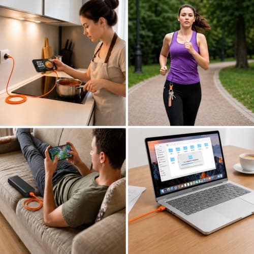 240W USB C to USB C Fast Charging Cable, 3-in-1 Detachable Braided Cord with USB C Converter & Foldable Phone Stand, Compatible with iPhone 16/15, Samsung Galaxy & USB-C Devices (Orange) — view 5