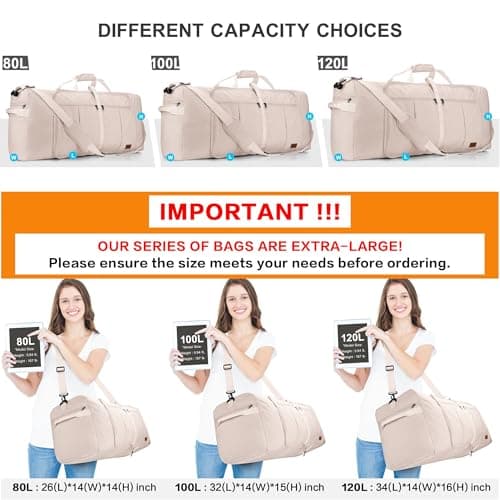 Urtala Travel Duffel Bag for Women & Men, Large Foldable Overnight Weekender Bag with Shoes Compartment & Shoulder Strap, Lightweight Waterproof Luggage Bag, Beige, (80L) EU, Casual — view 3