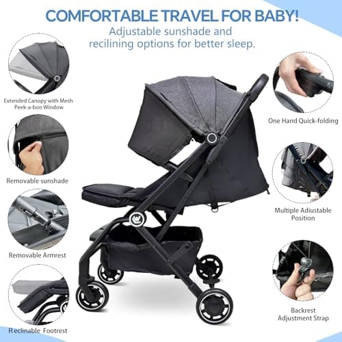 Rollingsurfer Lightweight Baby Stroller for Airplane, Compact Travel Pushchair with Retractable Foot Cover & Reclining Backrest, One Hand Fold Stroller — view 4