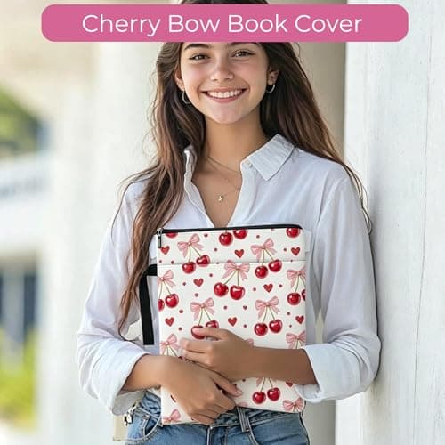 Cherry Bow Book Sleeves, Cute Pink Bow Book Bags for Women, Waterproof Book Pouch with Hanging Rope, Book Lover Gift — view 3