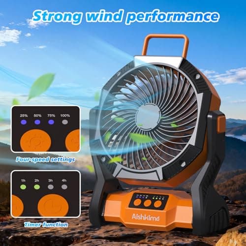 Aishkimo Portable Camping Fan with LED Light, 10000mAh Rechargeable Tent Fan with Hanging Hook, 4-Speed Adjustable Outdoor Fan for Picnic, BBQ, Fishing, Travel - Orange — view 5